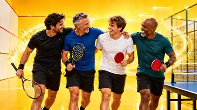Four male recreational racket-sport players together on a squash court with a partially visible table tennis table