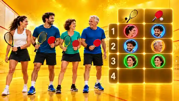 Four recreational racket-sport players beside a two-sport competition ladder matrix for squash and table tennis