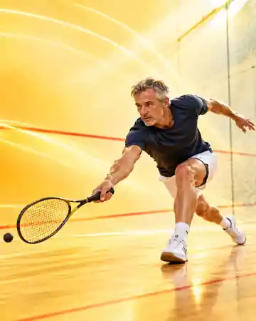 Squash player moving dynamically across the court