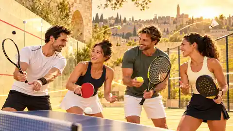 Recreational racket-sport players together on courts in Jerusalem
