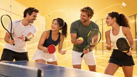 Four recreational racket-sport players together with squash, table tennis, tennis and padel equipment